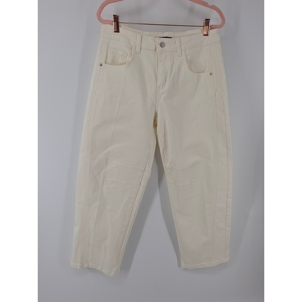 Flamingals Womens Off White High Waisted Knee Seam Straight Leg Denim Pants L